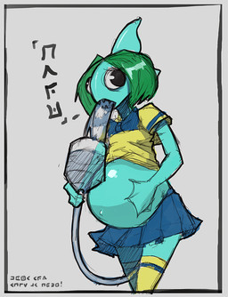 anthro belly blue_body blue_skin bottomwear clothing female green_hair grey_background hair hose inflation liquid_inflation simple_background skirt solo text susfishous tuna_chan aquatic fish scombrid scombriform tuna 2017