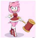 2020 5_fingers absurd_res accessory amy_rose anthro biped blush boots border breasts clothing dress eulipotyphlan female fingers footwear fur gloves green_eyes hair_accessory hairband hammer handwear hedgehog hi_res holding_object holding_weapon mammal open_mouth pattern_background piko_piko_hammer pink_background pink_body pink_fur red_clothing red_dress sega signature simmsyboy simple_background solo sonic_the_hedgehog_(series) standing striped_background tools weapon white_border