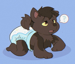 3_toes all_fours ambiguous_gender anthro blue_background blush blush_lines bodily_fluids brown_body brown_ears brown_fur brown_nose brown_tail clean_diaper clothed clothing diaper diaper_only drooling feet fur narrowed_eyes neonate open_mouth pink_inner_ear question_mark saliva simple_background snaggle_tooth solo speech_bubble tail three-quarter_view toes topless wearing_diaper yellow_sclera young bubblepuppers mythology villa_(cryo-lithius) canid canine mammal mythological_canine mythological_creature werecanid werecanine werecreature werewolf chromatic_aberration compression_artifacts film_grain full-length_portrait portrait