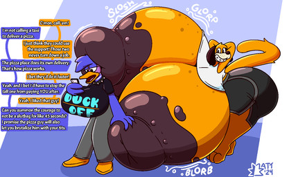 anthro areola beak big_areola big_breasts big_butt big_nipples black_areola black_nipples blue_body bottomwear breast_size_difference breasts butt cellphone clothing collar duo electronics exclamation_point female floppy_ears holding_cellphone holding_object holding_phone huge_areola huge_breasts huge_butt huge_nipples hyper hyper_areola hyper_breasts hyper_butt hyper_nipples nipples open_beak open_mouth orange_body pants phone shirt speech_bubble spiked_collar spikes text text_on_clothing text_on_shirt text_on_topwear topwear mattthetooncat duck_hunt nintendo duck_hunt_dog anatid anseriform avian bird canid canine canis domestic_dog duck mammal english_text