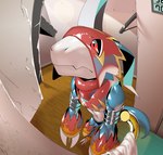 anthro armor athletic athletic_male black_sclera blue_body dejected fisheye_lens frown headgear helmet horn male miserable peephole red_eyes sad solo straps skink_hisshiss bandai_namco digimon digimon_(species) flamedramon scalie hi_res