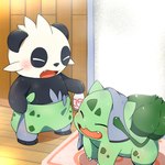 anthro blush duo feral male sauna smile towel tatu_wani_(artist) nintendo pokemon bulbasaur generation_1_pokemon generation_6_pokemon pancham pokemon_(species) hi_res