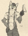 absurd_res animal_genitalia anthro canid canine clothing genitals green_eyes hi_res inner_ear_fluff male mammal monochrome necktie pilot pilot_hat pilot_uniform richard_foley sepia sheath solo tuft undressing