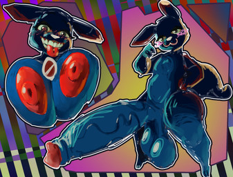 anthro areola big_areola big_ball big_breasts big_penis blush breasts creepy egg female genitals huge_penis humanoid_genitalia humanoid_penis humanoid_teeth hyper male penis small_but_hung thick_thighs tongue tongue_out lazy_logan404 rain_world videocult inv_(rain_world) chromatic_aberration hi_res