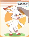 anthro balls genitals humanoid_genitalia humanoid_penis male offscreen_character penis penis_shadow simple_background solo speech_bubble standing text pancakesbakecakes nintendo pokemon generation_8_pokemon pokemon_(species) scorbunny english_text hi_res