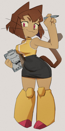 anthro breasts brown_hair butt claws clothing drawing_(object) female hair looking_at_viewer short_hair smile solo tail yos_ev666 gameoverse glitch_productions kit_bodega domestic_cat felid feline felis mammal 1:2 hi_res