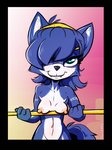 anthro black_border blue_body blue_eyes blue_fur blue_hair border breast_rest breasts erect_nipples female front_view fur hair hair_over_eye nipples nude one_eye_obstructed smile solo scott_ramsoomair vglewds nintendo star_fox krystal_(star_fox) canid canine fox mammal 2020 half-length_portrait portrait