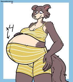 anthro arrow_pointing_to_belly belly big_belly big_breasts blue_border blue_eyes border bottomwear breasts brown_body brown_fur brown_nose clothing directional_arrow female fur hand_on_own_belly huge_belly humanoid_hands hyper hyper_belly hyper_pregnancy looking_down looking_down_at_self navel navel_outline outie_navel pink_inner_ear pregnant pregnant_anthro pregnant_female simple_background solo standing tail tan_body tan_fur topwear white_background yellow_bottomwear yellow_clothing yellow_topwear obscureaccretion beastars mayternity mayternity_2026 juno_(beastars) canid canine canis mammal wolf 2026 absurd_res digital_drawing_(artwork) digital_media_(artwork) english_description hi_res