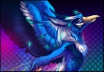 anthro beak bioluminescence black_border blue_body blue_feathers blue_sclera border chest_tuft feathered_wings feathers fur glowing glowing_spots hair long_hair looking_at_viewer male nude pattern_background red_eyes simple_background solo spots tuft wings dagger_leonelli orange04 mythology phe_(dagger_leonelli) avian gryphon mythological_avian mythological_creature 2011 artist_collaboration