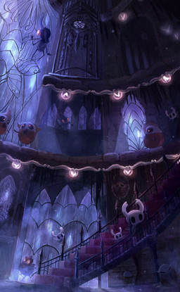 2_horns ambiguous_gender anthro biped black_body black_eyes cloak clothing detailed_background elevator flying glass group guard holding_melee_weapon holding_object holding_weapon horn inside melee_weapon orange_eyes raining stairs standing weapon wings blipbugbug hollow_knight_(franchise) team_cherry the_knight_(hollow_knight) arthropod infected_(species) vessel_(species) 2022 absurd_res hi_res painting_(artwork)