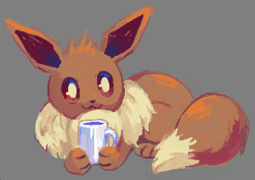 brown_body brown_eyes brown_fur brown_tail cat_smile container cup feral fluffy fluffy_tail fur grey_background holding_container holding_cup holding_object lying neck_tuft on_ground paws pupils simple_background solo tail tuft white_pupils flavia-elric nintendo pokemon eevee generation_1_pokemon pokemon_(species) 2023 digital_media_(artwork)