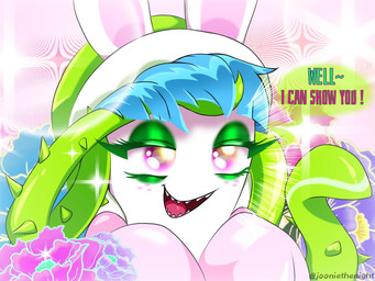 anthro bangs blue_hair clothed clothed_anthro clothed_female clothing dialogue eyelashes eyeshadow female female_anthro flower freckled_face freckles fur green_clothing green_eyelashes green_eyeshadow green_hat green_headwear hair hat headgear headwear light long_ears makeup noseless open_mouth open_smile pink_clothing pink_flower pink_freckles pink_inner_ear pink_shirt pink_topwear plant purple_eyes red_tongue sharp_teeth shirt simple_background smile solo sparkles sparkling_eyes speech_bubble teeth text thorns tongue topwear vines white_body white_fur yelling jooniethenight mario_bros mario_plus_rabbids_sparks_of_hope nintendo raving_rabbids rayman_(series) ubisoft daphne_(mario_plus_rabbids) elemental_creature flora_fauna hybrid lagomorph mammal rabbid 2022 4:3 artist_name colored crossover digital_drawing_(artwork) digital_media_(artwork) english_description english_text lighting shaded