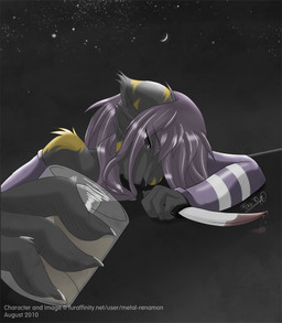 alcohol beverage blood bodily_fluids clothing drunk female food footwear foreshortening glass knife legwear moon night sky socks solo star starry_sky substance_intoxication text metal-renamon minami mammal unknown_species 2010 digital_media_(artwork) english_text hi_res url