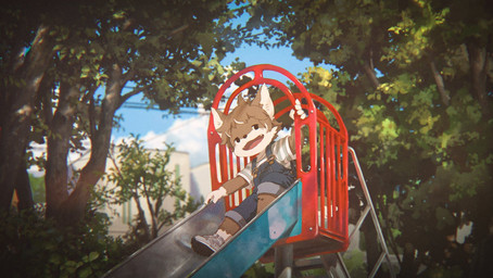 anthro clothing fangs kemono looking_at_viewer male open_mouth outside overalls park pattern_clothing pattern_shirt pattern_topwear plant playground shirt slide solo striped_clothing striped_shirt striped_topwear stripes teeth topwear tree young young_anthro young_male nishiko24 ookami_(nishiko24) canid canine canis mammal wolf 2024 hi_res japanese_description