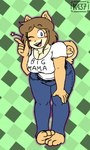 3_toes 5_fingers anthro barefoot belt bent_over_with_legs_held_straight big_breasts biped blue_bottomwear blue_clothing blue_eyes blue_pants bottomwear breasts brown_hair cleavage clothed clothed_anthro clothed_female clothing collarbone eyebrow_through_hair eyebrows feet female fingers fur hair looking_at_viewer one_eye_closed open_mouth open_smile pants shirt smile solo t-shirt tail tan_body tan_fur teeth text text_on_t-shirt toes tooth_gap topwear translucent translucent_hair white_clothing white_shirt white_t-shirt white_topwear wink winking_at_viewer gum-k june_(jinu) canid canine canis domestic_dog mammal shiba_inu spitz 2019 digital_drawing_(artwork) digital_media_(artwork) english_description english_text full-length_portrait hi_res portrait