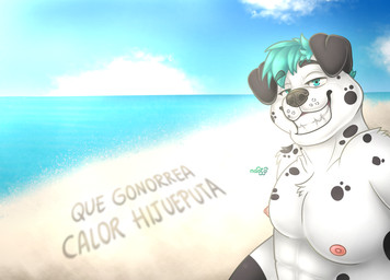 anthro beach cloud day green_eyes green_hair hair male sea seaside sky smile solo summer sun sunny water naoto canid canine canis dalmatian domestic_dog mammal hi_res