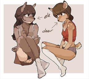 ankle_socks anthro breasts brown_body brown_fur brown_hair clothed clothed_anthro clothed_female clothing crop_top directional_arrow dress duo female footwear fully_clothed fully_clothed_anthro fully_clothed_female fur hair knee_highs knee_socks legwear panties shirt simple_background small_breasts socks tied_shirt topwear underwear hhonchkrow234 cervine deer elk mammal absurd_res hi_res