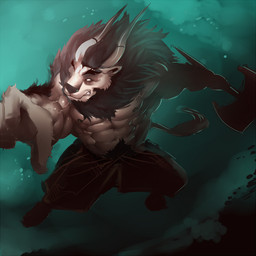 abs angry anthro axe brown_hair chest_tuft clenched_teeth clothed clothing empty_eyes fur hair holding_object holding_weapon horn male mane melee_weapon muscular muscular_anthro muscular_male nipples pubes solo tail tail_tuft teeth topless tuft vein weapon white_eyes rybiok bovid bovine mammal 1:1