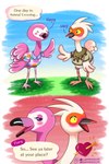 anthro beak bedroom_eyes blue_eyes blush chibi duo female male male/female narrowed_eyes pink_body seductive suggestive text yellow_sclera purplevulpes animal_crossing nintendo cranston_(animal_crossing) flora_(animal_crossing) avian bird crane_(bird) flamingo gruiform 2:3 digital_drawing_(artwork) digital_media_(artwork) english_text hi_res