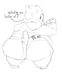 ambiguous_gender anthro asking asking_what barefoot beak belly bottomwear claws clothed clothed_ambiguous clothed_anthro clothing coupon denim denim_bottomwear denim_clothing eating eyebrows feathers feet food furgonomic_bottomwear furgonomics holding_food holding_object holding_pizza hoodie jeans looking_back obese obese_ambiguous obese_anthro overweight overweight_ambiguous overweight_anthro pants partial_speech_bubble pepperoni pizza pockets question_mark rear_view simple_background solo tail tail_feathers text toe_claws toes topwear white_background wide_hipped_ambiguous wide_hipped_anthro wide_hips wide_stance maddeku avian bird 2021 black_and_white digital_drawing_(artwork) digital_media_(artwork) english_text full-length_portrait hi_res monochrome portrait sketch