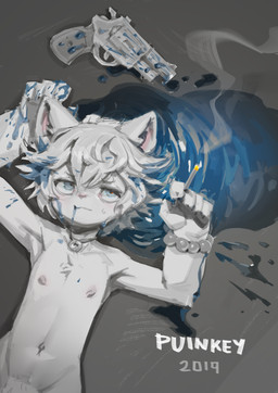 anthro cigarette fur gun hair handgun lying male nipples on_back ranged_weapon revolver solo weapon white_body white_fur white_hair puinkey_(artist) puinkey_(character) domestic_cat felid feline felis mammal 2019 absurd_res hi_res signature