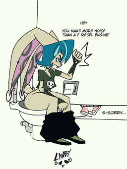 angry anthro apology bathroom blue_eyes blue_hair bone bottomwear bottomwear_down choker clothed clothing duo female hair jewelry necklace pants pants_down partially_clothed pooping public_restroom restroom_stall sitting sitting_on_toilet skull skull_symbol solo text toilet toilet_paper toilet_use rammylamb domestic_rabbit dwarf_rabbit lagomorph leporid mammal oryctolagus rabbit 3:4 english_text hi_res