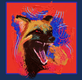 abstract_art abstract_background aggressive ambiguous_gender angry black_body black_fur feral fur open_mouth orange_body orange_fur red_eyes simple_background solo teeth lemgrum canid canine canis coyote mammal alpha_channel headshot_portrait hi_res painting_(artwork) portrait