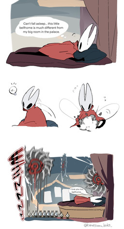 anthro bed black_arms black_legs cloak cloak_only clothed clothing furniture lying monotone_cloak on_bed on_front on_side pillow red_cloak red_clothing red_text solo text thought_bubble white_head katatsumu_ktkt hollow_knight:_silksong hollow_knight_(franchise) team_cherry hornet_(hollow_knight) arthropod english_text hi_res