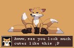 8bit_familiar after_transformation ambiguous_gender canid canine dialogue digital_media_(artwork) feral fox fox_spirit front_view fur mammal multi_tail pawpads paws pixel_(artwork) pouting sitting solo tail unimpressed