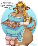 anthro apron big_breasts blonde_hair blue_apron blue_clothing blue_eyes braided_hair breasts brown_body clothing cookie eyelashes female food glistening glistening_eyes hair huge_breasts looking_at_viewer overweight overweight_anthro overweight_female pink_inner_ear smile solo standing tail tail_tuft teats tuft udders tiggybloom bethany_genisse bovid bovine cattle mammal 2020 dated hi_res