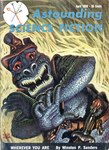 ambiguous_gender anthro astounding_science_fiction belt claws cover english_text hi_res invalid_tag kelly_freas magazine_cover melee_weapon red_eyes scales scalie solo sword teeth text traditional_media_(artwork) weapon