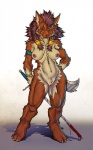 anthro biped blood bodily_fluids breasts ear_piercing female fur genitals hair melee_weapon nipples nude piercing purple_hair pussy red_body red_fur solo sword weapon chibunii dktorzi blizzard_entertainment warcraft canid mammal werecanid werecreature worgen 2013