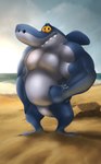 anthro beach easter_egg glistening glistening_body hairless holidays light looking_at_viewer male musclegut muscular realistic rock sand sea smile solo sunlight toony water autofurrart zubr easter zig_and_sharko sharko fish marine shark absurd_res hi_res