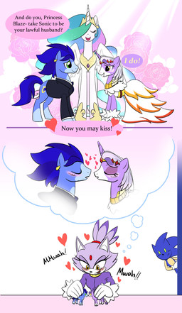 alternate_universe anthro blush clothing crown dialogue dress duo female feral headgear heart_symbol hero horn kissing male male/female princess royalty simple_background smile speech_bubble suit text tiara toy wedding wedding_dress wedding_veil wedding_vows wings firerabbit friendship_is_magic hasbro my_little_pony mythology sega sonic_the_hedgehog_(series) blaze_the_cat princess_celestia_(mlp) sonic_the_hedgehog domestic_cat equid equine eulipotyphlan felid feline felis hedgehog horse mammal mythological_creature mythological_equine pony unicorn winged_unicorn absurd_res comic crossover hi_res