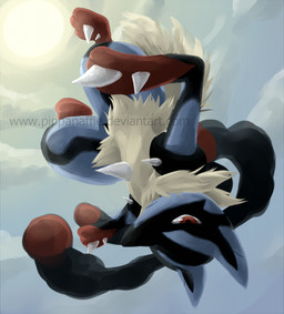 anthro black_body black_fur blue_body blue_fur cloud falling fur looking_at_viewer male outside red_body red_eyes red_fur sky skyscape solo spikes sun tan_body tan_fur upside_down pippanaffie nintendo pokemon canid canine generation_6_pokemon mammal mega_evolution mega_lucario pokemon_(species) 2013 distracting_watermark watermark