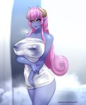 big_breasts black_sclera blue_body blue_skin breasts female hair horn humanoid_pointy_ears not_furry pink_hair pointy_ears solo towel yellow_eyes nofuture demon humanoid 2023 absurd_res hi_res