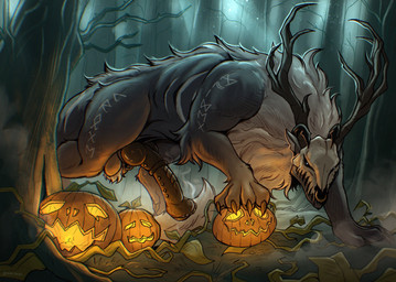 animal_genitalia animal_penis antlers balls big_penis bodily_fluids bone claws equine_genitalia equine_penis erection facial_piercing feral frenum_ladder frenum_piercing fur genital_fluids genital_piercing genitals grey_body grey_fur holidays horn hybrid_genitalia hybrid_penis jack-o'-lantern knot knotted_equine_penis knotted_penis ladder_piercing male nature night nose_piercing nose_ring penis penis_piercing piercing plant precum quadruped ring_piercing skull skull_head solo tree akoshak american_mythology halloween indigenous_north_american_mythology mythology north_american_mythology monster wendigo hi_res