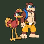 2024 anthro arms_at_sides avian backpack banjo-kazooie banjo_(banjo-kazooie) beak bear belt bird blue_eyes bottomwear breegull brown_body brown_fur chest_tuft clothed clothed/nude clothed_male clothing dipstick_beak duo feathered_crest feathers feet female feral folded_wings fur green_eyes head_crest jewelry kakroon kazooie lidded_eyes male mammal multicolored_body multicolored_feathers necklace nude nude_female paws rareware red_body red_feathers shorts simple_background smile standing tail tail_feathers talons toes tuft unimpressed wings yellow_beak yellow_body yellow_feathers