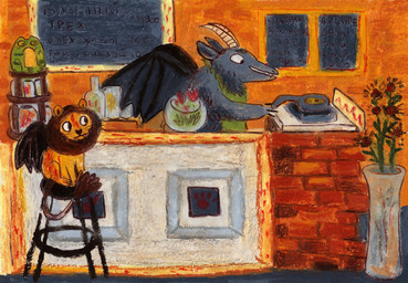 ambiguous_gender anthro apron back_wings black_wings brown_body brown_fur brown_mane cafe clothing cooking cookware detailed_background duo fangs feral frying_pan fur furniture green_apron green_clothing grey_body grey_fur horn inside kitchen_utensils mane membrane_(anatomy) membranous_wings menu plant plant_pot potted_plant sitting sitting_on_stool snout stool tail tail_tuft tan_horn teeth text tools tuft wings osier_forest iranian_mythology middle_eastern_mythology mythology bovid caprine felid goat mammal manticore 2023 hi_res russian_text translation_request