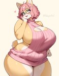 anthro big_breasts blue_eyes breasts cleavage clothed clothing curvy_figure female freckled_face freckles fur glistening glistening_body hair heart_eyes heart_symbol huge_breasts huge_hips looking_at_viewer open_mouth pink_clothing pink_hair pink_sweater pink_topwear short_hair slightly_chubby slightly_chubby_female smile solo sweater tan_body tan_fur thick_thighs topwear virgin_killer_sweater voluptuous white_body white_fur wide_hips kuru_tyan meme_clothing canid canine canis domestic_dog herding_dog mammal pastoral_dog welsh_corgi hi_res meme