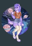 anthro bottomwear clothing female fur hair legwear long_hair looking_at_viewer mouth_closed purple_body purple_eyes purple_fur purple_hair saturn_(planet) shirt shorts smile solo standing star thigh_highs topwear qarosy hyena mammal spotted_hyena low_res