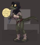 anthro balls belt belt_buckle bottomless bottomless_anthro bottomless_male buckle clothed clothing crocodile_tail dagger feet foot_wraps footwear genitals green_body hand_wraps handwear holding_object holding_weapon hood humanoid_genitalia humanoid_penis knife male melee_weapon penis scales shirt simple_background solo spots tail teeth topwear weapon wraps yellow_eyes bedtime_buck little_bit_(bedtime_buck) alligator alligatorid crocodile crocodilian reptile scalie digital_media_(artwork) hi_res
