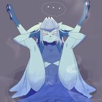 anthro blue_body blue_clothing blue_fur bulge clothing ears_down ellipsis eyelashes front_view fur gloves_(marking) grey_background grey_nose hands_behind_head leg_markings legs_up looking_at_viewer lying male markings on_back pawpads pivoted_ears pupils simple_background slim_male socks_(marking) solo speech_bubble white_eyes white_pupils porporpor nine_sols nintendo pokemon red_candle_games ji_(nine_sols) eeveelution felid feline generation_4_pokemon glaceon hybrid mammal pokemon_(species) solarian hi_res