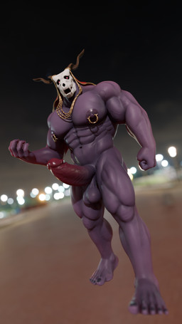 abs areola balls blurred_background bone curled_horn erection fangs feet fist genitals glowing glowing_eyes horn looking_at_viewer male muscular muscular_male navel night nipple_piercing nipples nude open_hand open_mouth outside pecs penis piercing pose purple_areola purple_body purple_penis red_eyes red_penis skull skull_head solo teeth toes dtpncanidatronic chiefkaine_(modeler) the_ancient_magus'_bride elias_ainsworth demon humanoid monster 3d_(artwork) 9:16 blender_(artwork) blender_cycles_(artwork) digital_media_(artwork) full-length_portrait hi_res portrait