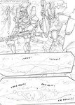 battle beam bird's-eye_view black_and_white cloud comic destruction dialogue energy_beam english_text explosion field flamethrower flying_machine gun high-angle_view kitfox-crimson knight_armor machine mecha monochrome mountain onomatopoeia ranged_weapon shield sketch sky sound_effects speech_bubble stolen_generation text warzone weapon wings zero_pictured