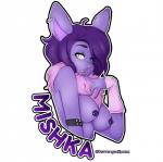 anthro blue_eyes breasts clothed clothing ear_piercing fangs female fur hair heterochromia mostly_nude neck_tuft nipple_piercing nipples nude piercing purple_body purple_fur purple_hair simple_background solo teeth text tuft white_background white_eyes derrangedspazz blue_mishka mishka bunneh chimera hybrid 2017 english_text half-length_portrait hi_res portrait signature