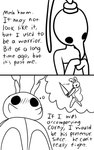 2_panel_comic antennae_(anatomy) biped black_text dialogue duo female holding_melee_weapon holding_object holding_weapon imagination melee_weapon nail_(weapon) pose simple_background standing talking_to_another text weapon white_background skeletorskeletonized hollow_knight team_cherry bretta_(hollow_knight) iselda_(hollow_knight) arthropod beetle insect 2020 5:8 comic digital_media_(artwork) english_text hi_res