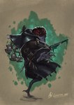 armor avian_feet dagger full_body_view looking_at_viewer melee_weapon pattern_background poison simple_background solo sword weapon gaertan dungeons_and_dragons hasbro wizards_of_the_coast anatid anseriform avian bird duck kenku digital_drawing_(artwork) digital_media_(artwork) digital_painting_(artwork) hi_res painting_(artwork)
