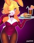 anthro beverage blonde_hair bow_tie bunny_costume cake camel_toe clothing costume cupcake cute_pose dessert female food fur hair leotard milkshake navel_outline one_eye_closed orange_body orange_fur pastry purple_eyes smile solo sweets thick_thighs wide_hips wink lawychan tangobunny lagomorph leporid mammal rabbit 4:5