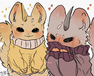 1_horn beady_eyes biped bipedal_feral blush buckteeth closed_smile duo ear_blush feral fluffy fluffy_tail front_view fur grey_body grey_fur grey_horn heart_symbol hearts_around_head horn looking_at_viewer male male_feral missing_horn monotone_body monotone_fur mouth_closed simple_background smile sparkles tail tan_body tan_fur teeth text white_background winter_coat yellow_horn lunnanathalia fabulous_beasts mythology jinjiao_(fabulous_beasts) yinjiao_(fabulous_beasts) mammal mythological_creature rodent sciurid tree_squirrel 1:1 2025 artist_name copyright_name digital_drawing_(artwork) digital_media_(artwork) flat_colors hi_res watermark sibling_(lore)